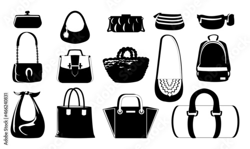 Black women purse. Silhouettes of trendy fashion clutch. Hobo and everyday bags. Casual backpack and shopper. Female pouch. Graphic outfit elements. Vector clothing accessories set