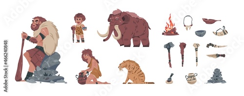 Primitive men. Cartoon prehistoric family with ancient stone and bone tools. Weapon and animals. Mammoth and saber-toothed tiger. Savage parents with boy. Vector Neanderthal people set
