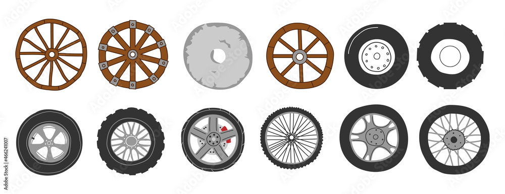 Transport wheels. Doodle car motorcycle and bicycle tires. Different auto  rims and tyre types. Ancient cartwheels. Wooden metal and stone circles  invention. Vector vehicle parts set Stock Vector