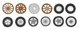 Transport wheels. Doodle car motorcycle and bicycle tires. Different auto rims and tyre types. Ancient cartwheels. Wooden metal and stone circles invention. Vector vehicle parts set