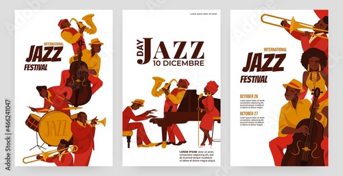 Jazz posters. Music concert flyer. Festival orchestra performers. Retro band with singers and musicians. Advertising banners design. Vector contemporary musical performance placards set