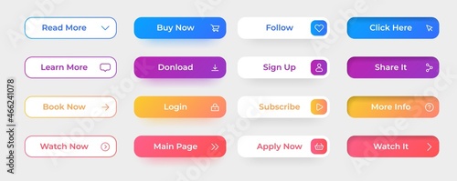 Action button. Website and application interface elements. Buy now share follow click and sign up web UI graphic icons. Modern game digital border with lettering. Vector app symbols set photo