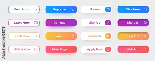 Action button. Website and application interface elements. Buy now share follow click and sign up web UI graphic icons. Modern game digital border with lettering. Vector app symbols set