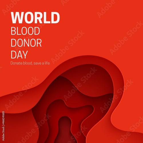 World Blood Donor Day poster in paper cut style. 3d red background with liquid waves. Vector card illustrations for leukemia or hemophilia concept. Medical health care flyer with inside view artery