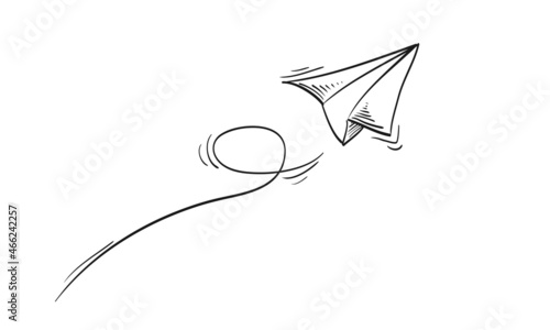 Doodle hand drawn paper airplane. Travel, route symbol. isolated white background. vector illustration