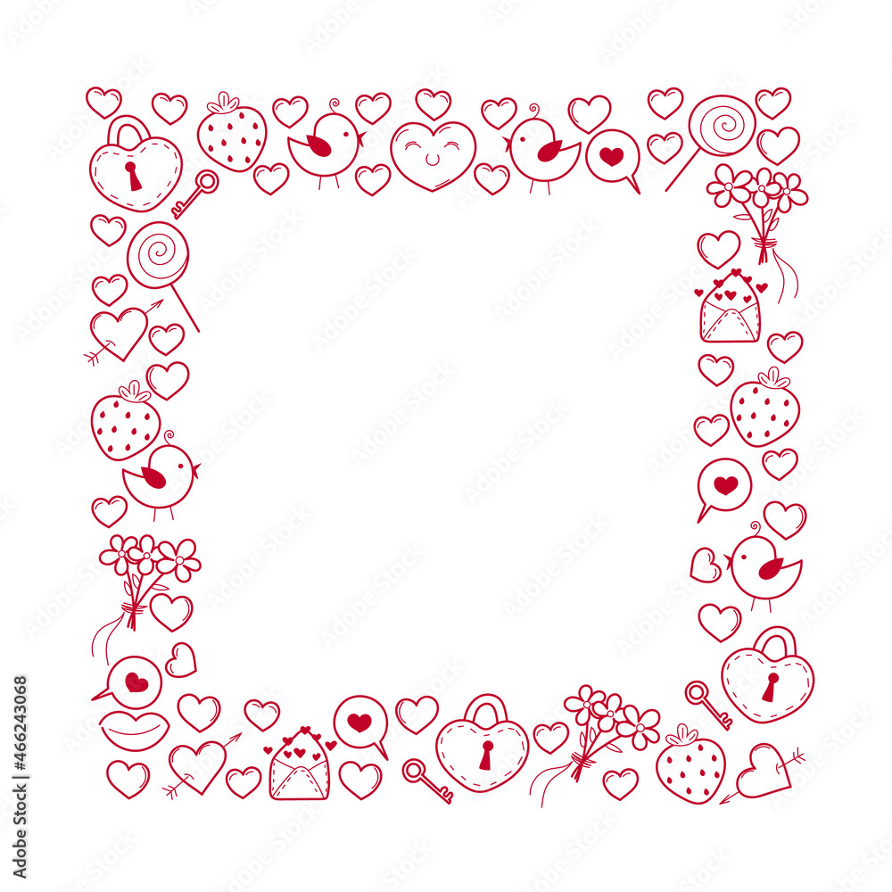 Frame template doodle valentine's day. Cartoon Valentine line art. Love, heart, letter, bouquet, bird, key, lock postcard. Stock vector illustration isolated on white background.