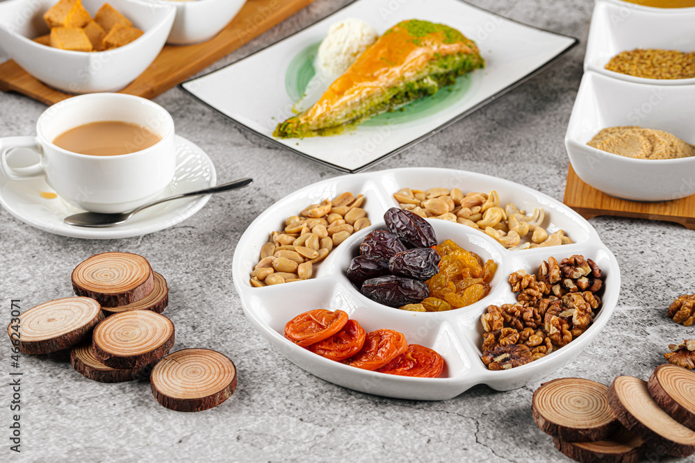 Eastern cuisine dessert tea set with nuts and dried fruits Eastern cuisine dessert tea set with nuts and dried fruits