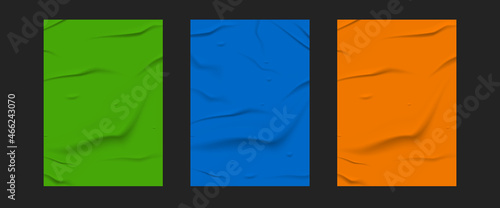 glued color paper set. . color wet paper poster template set with crumpled texture. realistic posters