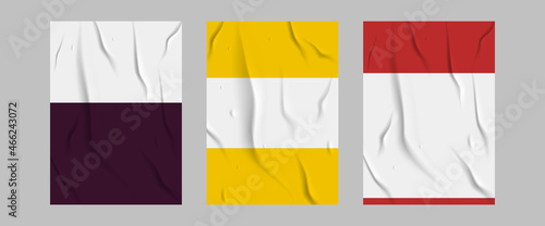 glued color paper set. . white and color wet paper poster template set with crumpled texture. realistic posters