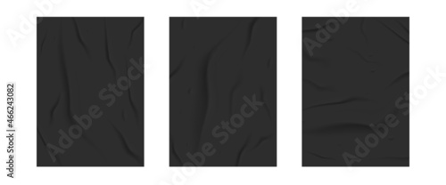 glued black paper set. black wet paper poster template set with crumpled texture. realistic posters on white background