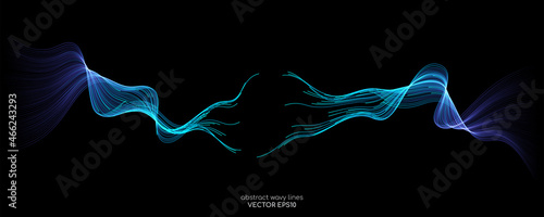 Abstract vector wave lines green and blue colors isolated on black background for design elements in concept technology, modern, science. A.I.