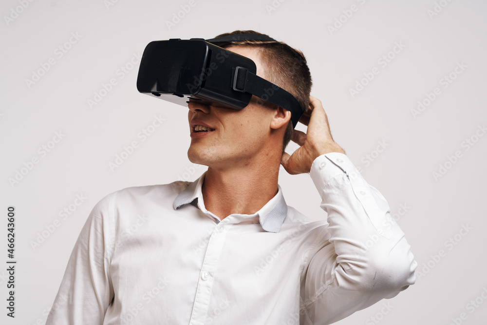Man virtual reality glasses high-tech simulator technology studio Man virtual reality glasses high-tech simulator technology studio