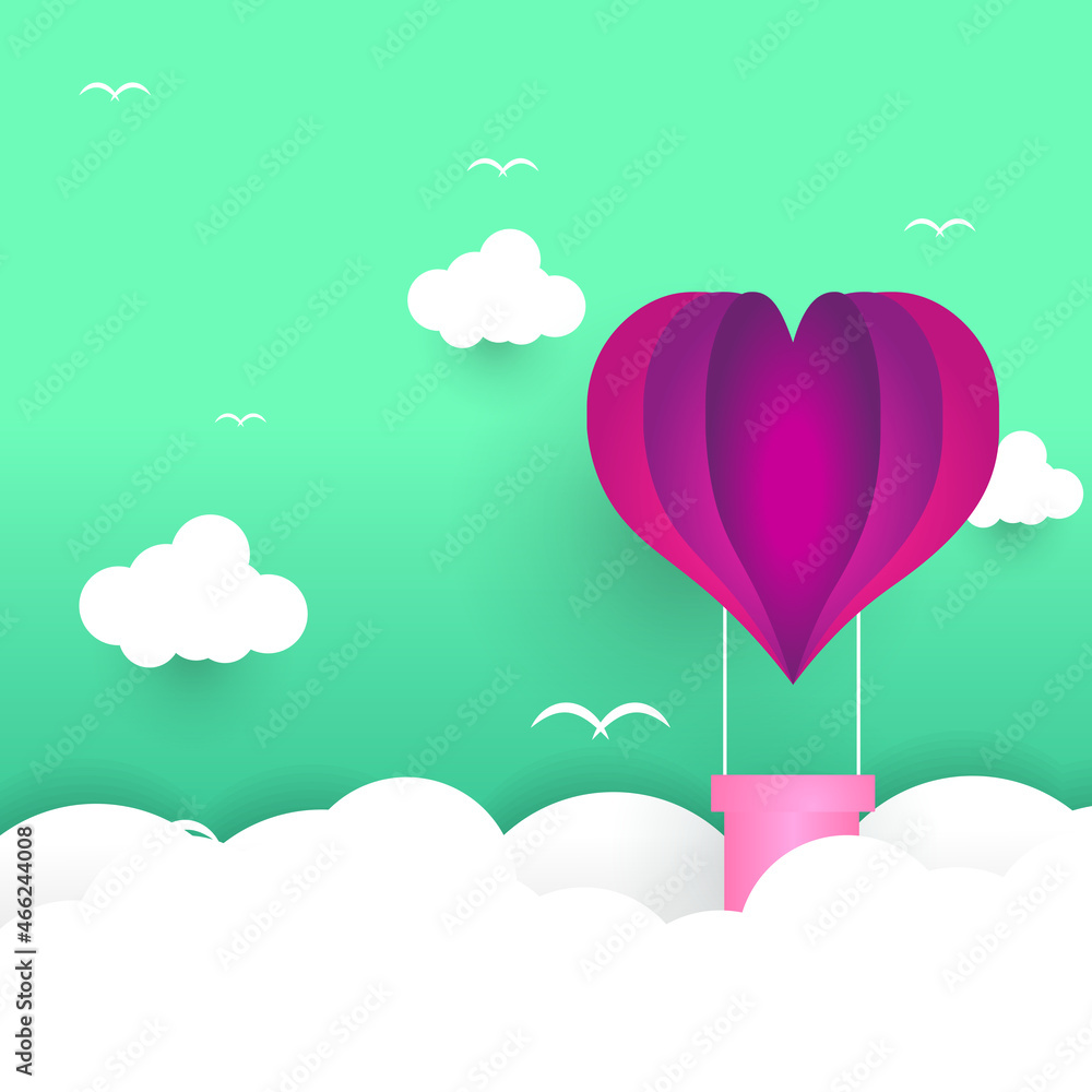 Obraz premium Valentines day greetings card with balloons flying with clouds vector.Heart hot air balloon flying.Love background.Cute paper cut design.posters,brochure,banners.Paper cut style. Space for your text