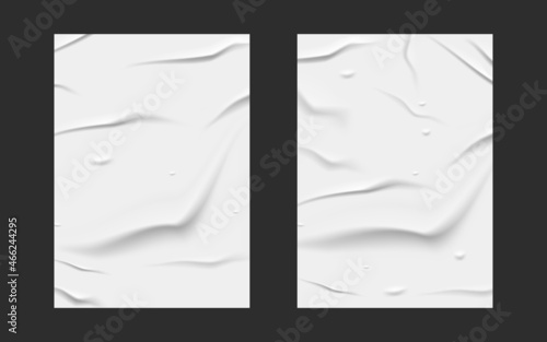 glued white paper set. white wet paper poster template set with crumpled texture. realistic posters on black background
