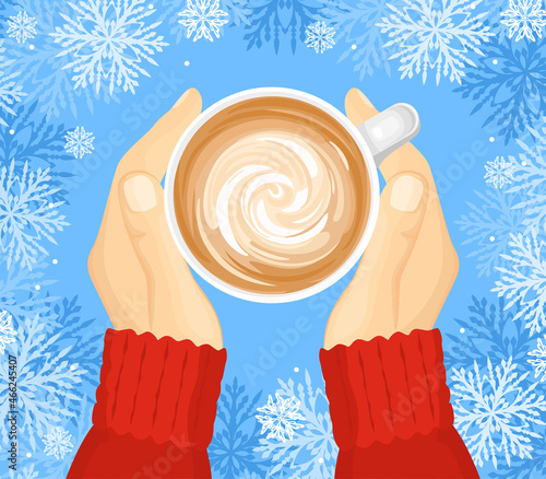 Christmas coffee, cocoa or cappuccino. Top view. Hands in a red sweater are holding a cup of hot drink. Winter background with snowflakes. Vector cartoon flat illustration.
