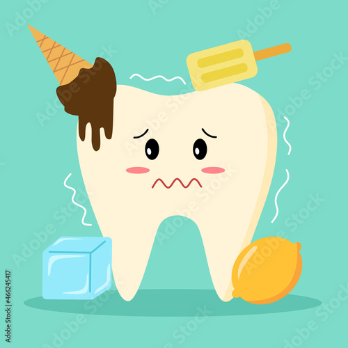 Sensitive teeth cartoon character with ice, lemon and ice cream in flat design. Tooth sensitivity symptom concept.
