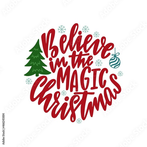 Round Christmas Ornament with hand drawn lettering text. Holiday decoration. Vector illustration isolated.