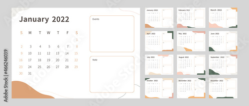Calendar 2022 template. 2022 calendar planner template set. Week starts on sunday. Vector illustration.