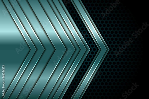 Silver 3d green abstract arrow overlap dimension on black circle texture background. Realistic overlap layers texture with lights element 