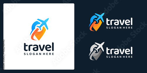 Air travel logo template. Travel logo. Pin logo. Location on map logo concept. Plane icon. Plane logo. Plane vector. Airplane logo. Airplane icon. Airplane vector.
