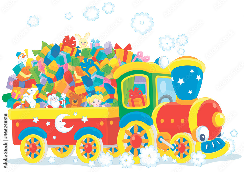 Obraz premium Cute toy train with steam locomotive pulling a carriage of Christmas gifts for children, vector cartoon illustration isolated on a white background