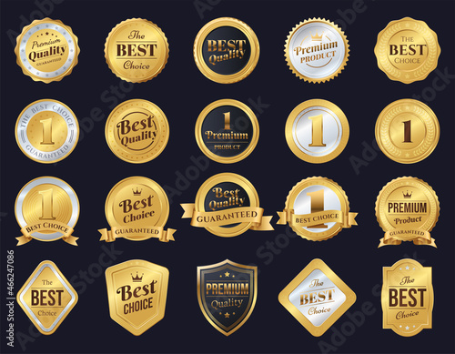 Set of gold and silver seals, different shapes. Quality mark, medal. Vector illustration