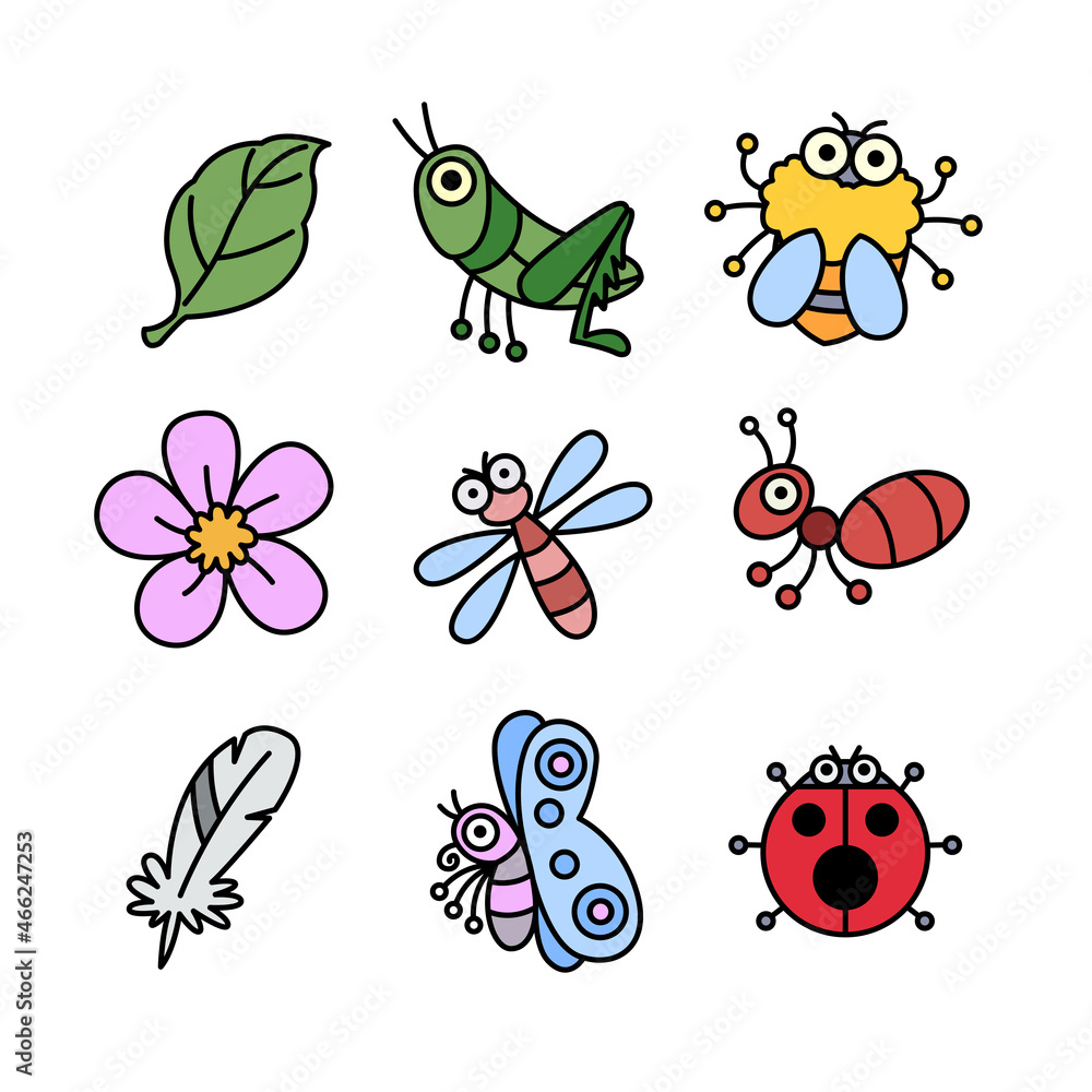 Fototapeta premium Cute cartoon insects, leaves and flowers, suitable for children.