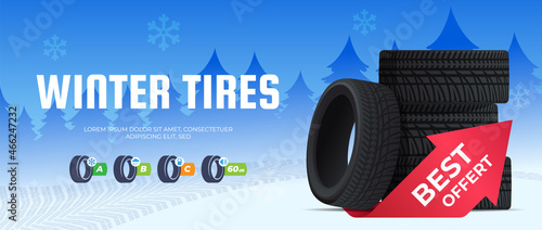 Banner for seasonal replacement of car tires. winter tires for driving in different weather conditions. Wheels for different types of cars. Car wheels. Vector illustration