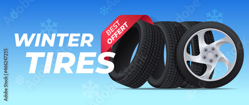 Banner for seasonal replacement of car tires. winter tires for driving in different weather conditions. Wheels for different types of cars. Car wheels. Vector illustration