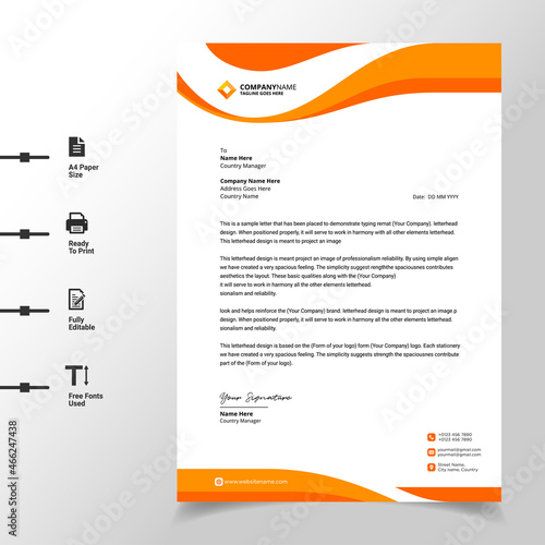 abstract business letterhead template (Orange modern a4 letterhead fully print ready and customizable)
