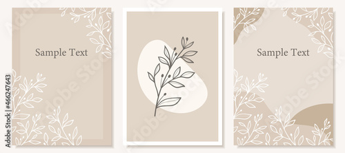Set of background design templates with hand drawn leaves, branches, and abstract shapes.