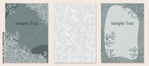 Set of background design templates with hand drawn leaves, branches, and abstract shapes.