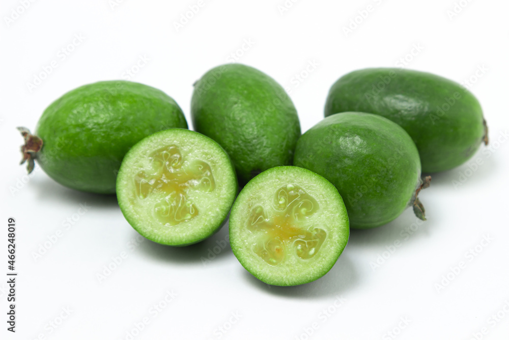 Feijoa on a white background. The fruit is healthy. Healthy eating