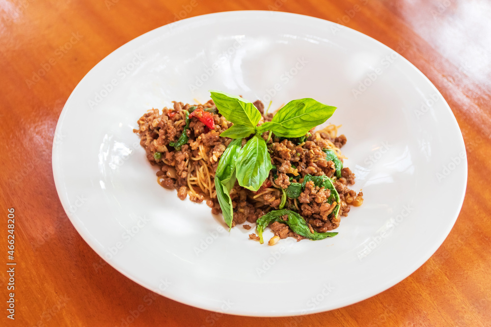 Spaghetti with mince wagyu, chili, dried chili, garlic, olive oil and hot basil. Spaghetti with mince wagyu, chili, dried chili, garlic, olive oil and hot basil.