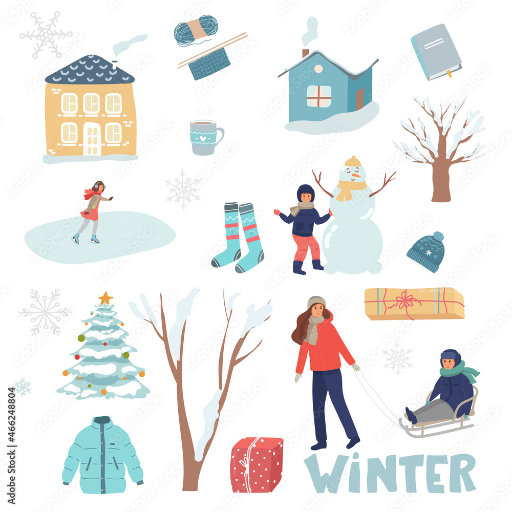 Vector set of holiday icons: house, girl sculpts, snowman, mom rolls her son on toddler sled, rest with children, girl skates, tree, socks gifts, hat, cup, knitting. winter collection. flat isolated Vector set of holiday icons: house, girl sculpts, snowman, mom rolls her son on toddler sled, rest with children, girl skates, tree, socks gifts, hat, cup, knitting. winter collection. flat isolated