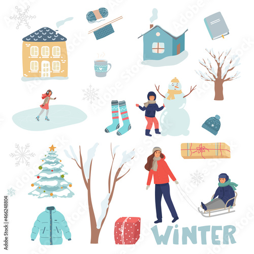 Vector set of holiday icons: house, girl sculpts, snowman, mom rolls her son on toddler sled, rest with children, girl skates, tree, socks gifts, hat, cup, knitting. winter collection. flat isolated