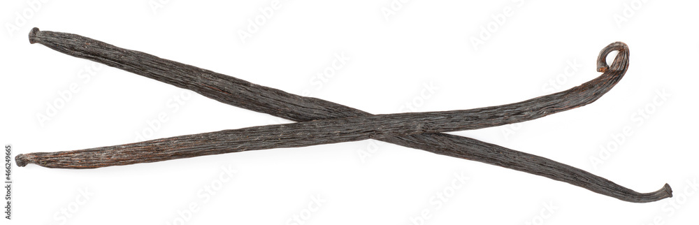 Fototapeta premium Dried vanilla pods isolated on white background, top view