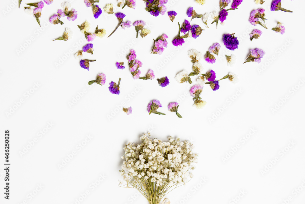 Set of white flowers with purple flowers leave on white background. 