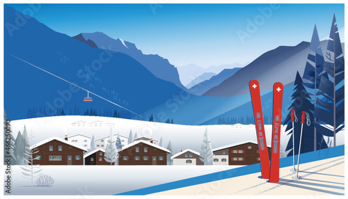 Ski resort on a bright sunny day. Panoramic view of a traditional Alpine village in front of the mountains with a cable car in the distance. Skiing in a snowdrift.