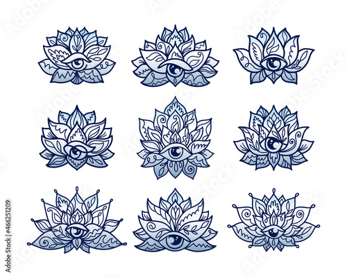 Set of ornamental lotus flower patterns with third eye