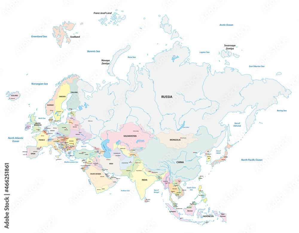 Detailed vector map of the two continents Europe and Asia 