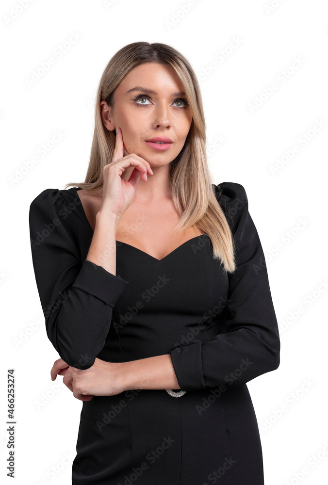 Portrait of thoughtful European attractive blonde woman in formal black dress with hand on chin is pondering about career opportunities and new business ideas. Isolated over white background Portrait of thoughtful European attractive blonde woman in formal black dress with hand on chin is pondering about career opportunities and new business ideas. Isolated over white background