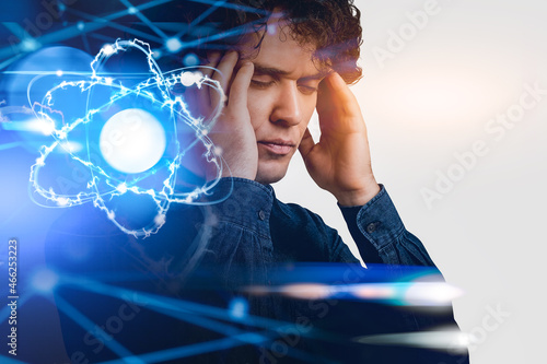 Cyberspace and mind uploading concept. High Speed Connection and Data Analysis Technology, Abstract hud. Businessman holding his head, brain scanning process to create emulation of mental state