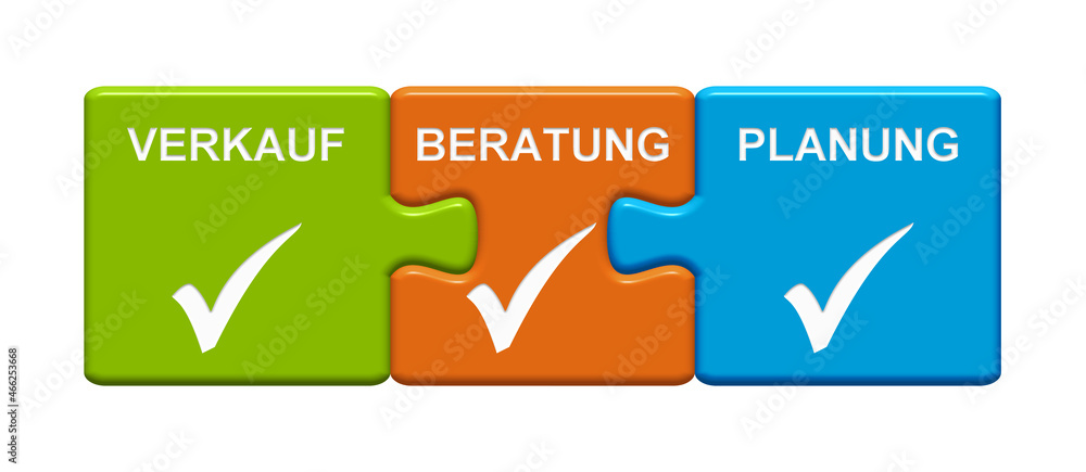 3 Puzzle Buttons zeigen Verkauf, Beratung, Planung 3 Puzzle Buttons zeigen Verkauf, Beratung, Planung