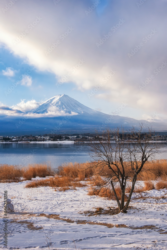 Fuji Mountain with Morning Mist in Winter Cloudy Day at Kawaguchiko Lake, Yamanashi, Japan
