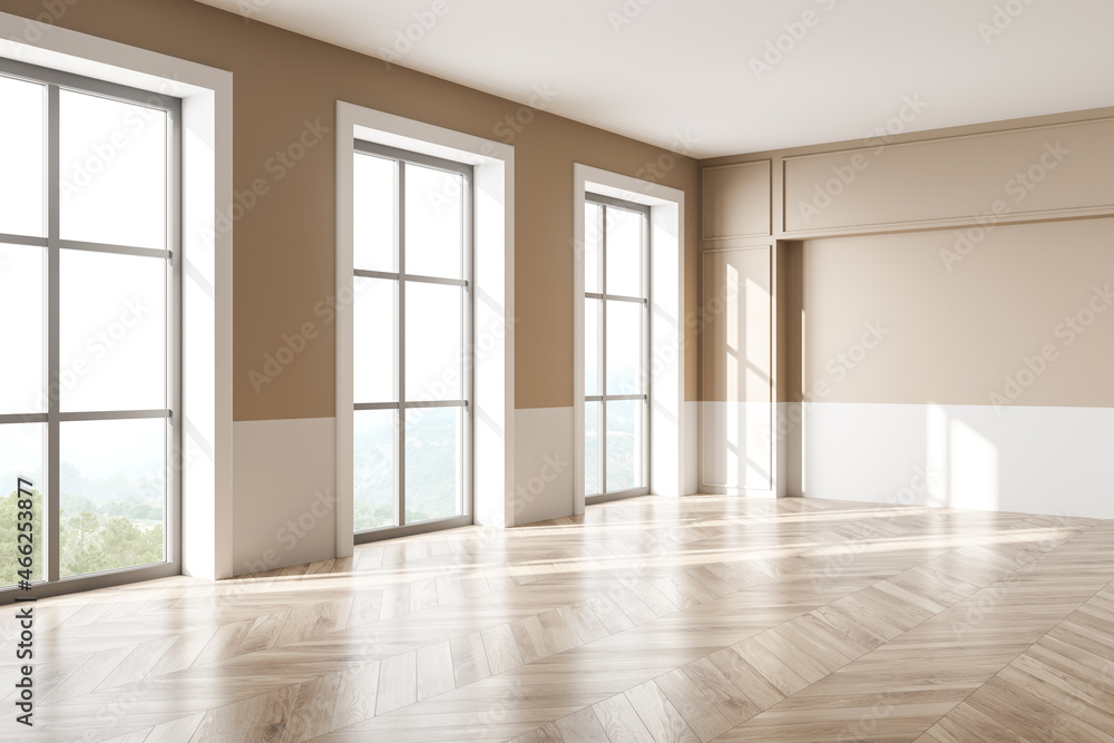 Fototapeta premium Empty beige and white living room. Corner view.