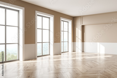Empty beige and white living room. Corner view.