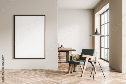 Wooden living room interior with armchair and table near window, mockup poster