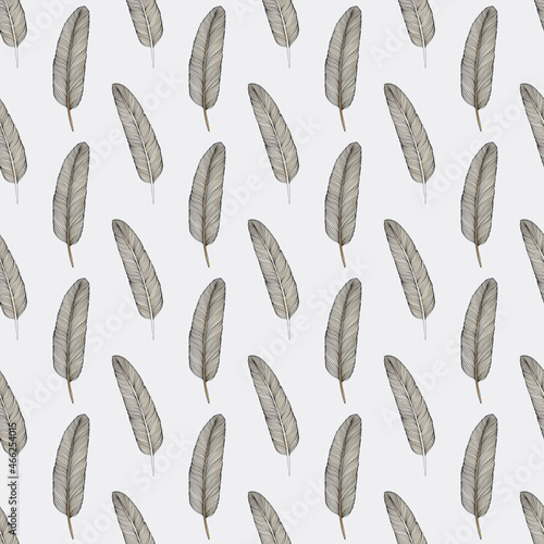 Seamless pattern with feathers on a light background in doodle style. Elegant texture for fabric, wrapping paper, scrapbooking. photo