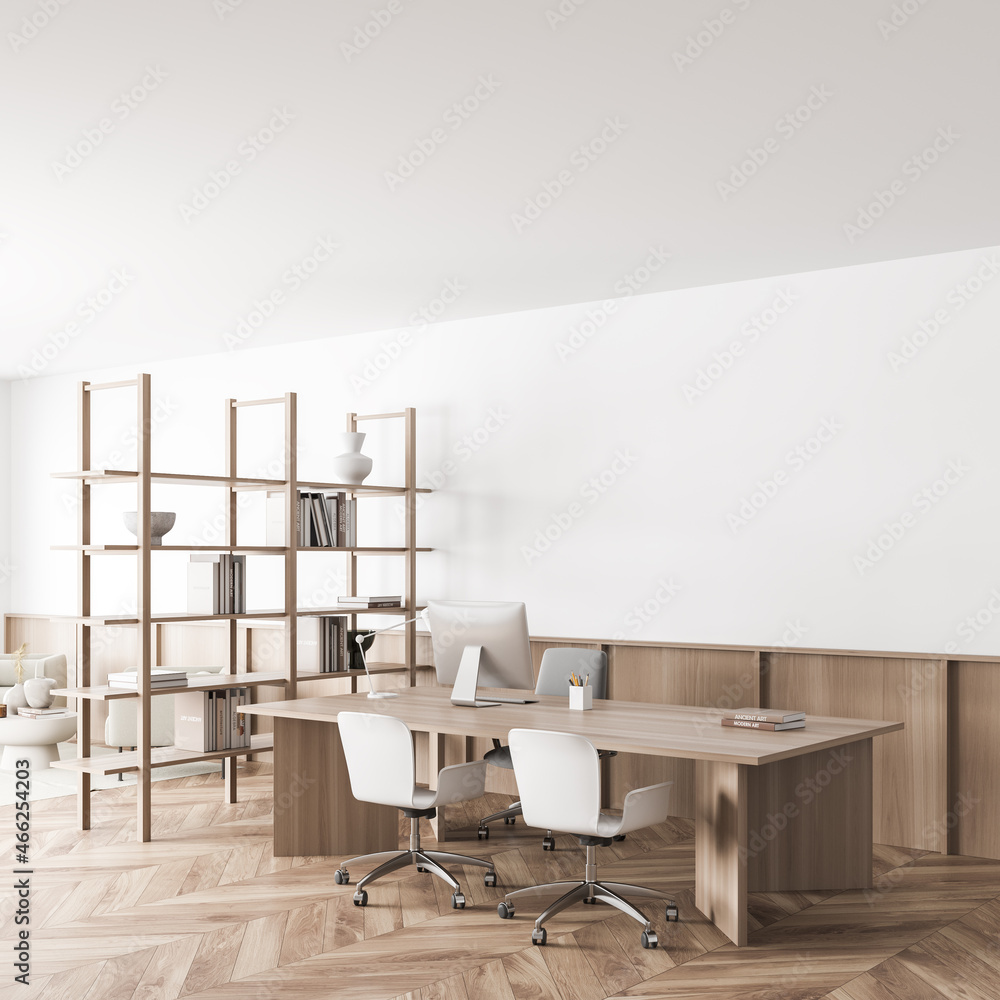 Corner view on bright office room interior with desktop Corner view on bright office room interior with desktop